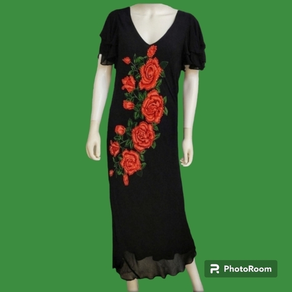 Vtg RAIMENT FASHIONS Chiffon Rose Cascade Sleeve Formal Dress - Picture 1 of 12